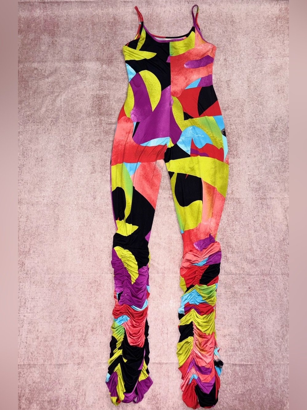 Size Large Abstract Multi-Color Ruched Leg Spaghetti-Strap Jumpsuit - Picture 2 of 3